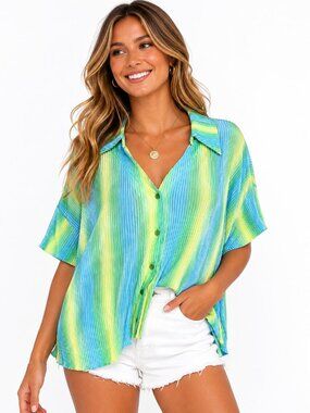 Jodifl Pleated Stripe Blouse Blue Green Lime Flowy Oversized Coastal Med
